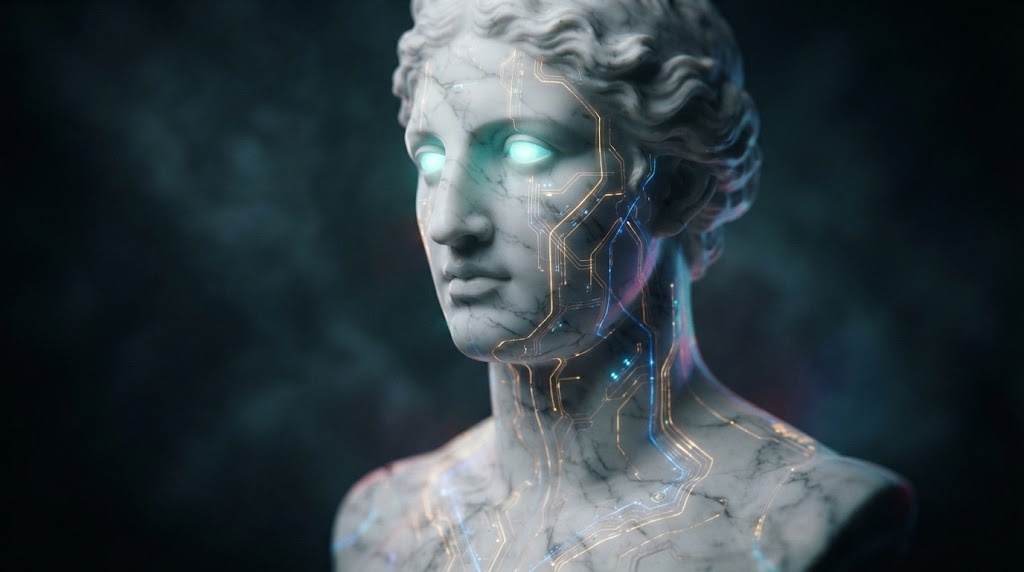 A classical marble bust awakening with glowing circuit veins, symbolizing the fusion of Renaissance art and artificial intelligence