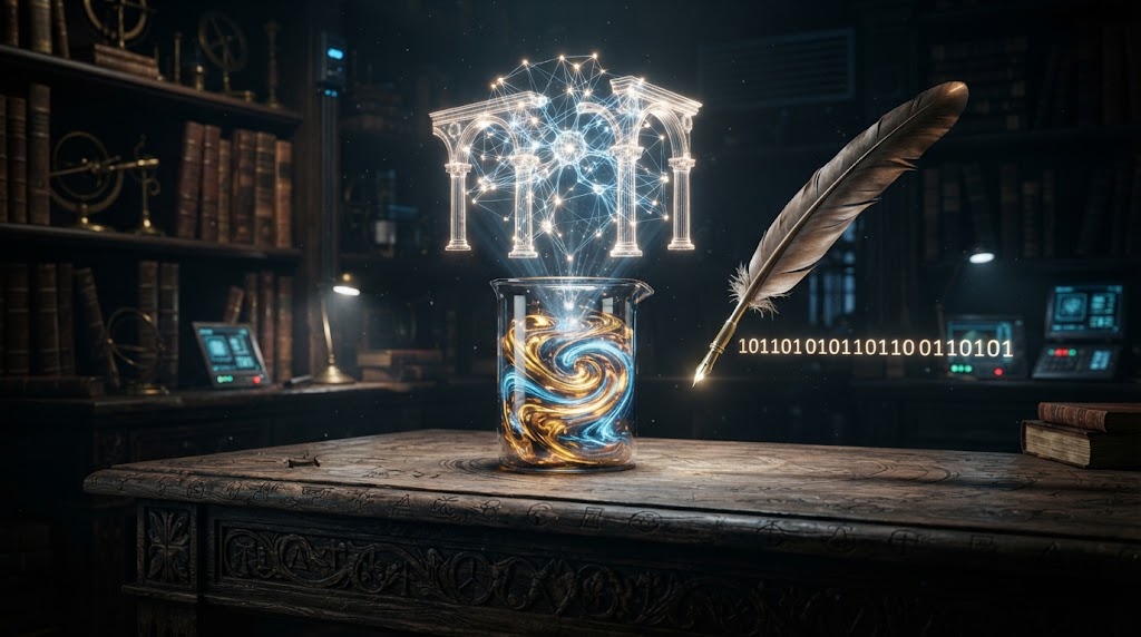 An alchemist's desk with a beaker of swirling gold and blue light beneath a glowing digital construct and a quill, symbolizing the transmutation of classical craft into digital value